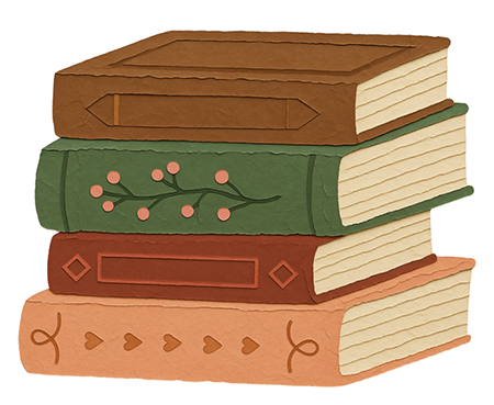 Stack of four hardcover books with decorated spines.