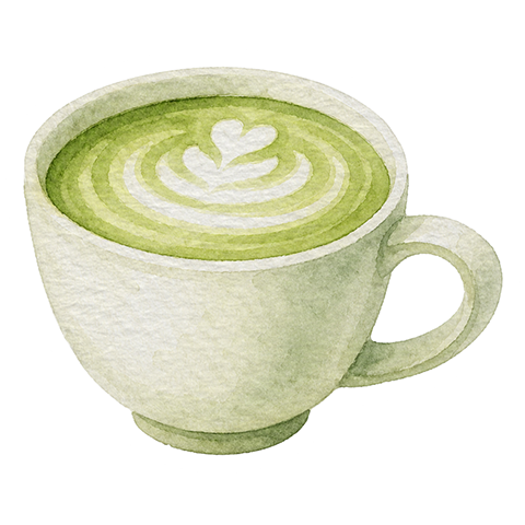 A decorative illustration of a matcha latte, topped with latte art.