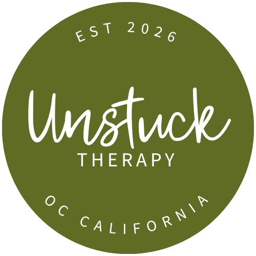 Green logo that reads "Unstuck Therapy," established in 2026, located in Orange County, California.