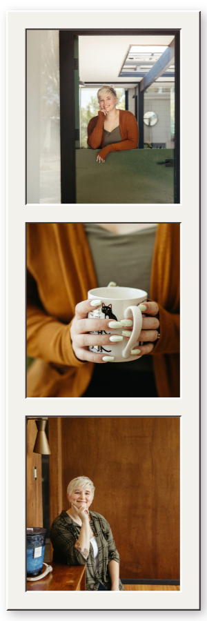 Three photos of a woman with short blonde hair, smiling and in diverse settings: peering through a window, holding a mug with a cat design, and sitting at a wooden table in front of a wood-paneled wall.
