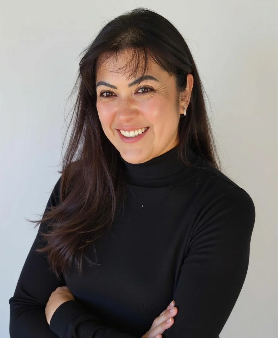 A woman with long dark hair, wearing a black turtleneck, smiling and crossing her arms in front of a plain white background.