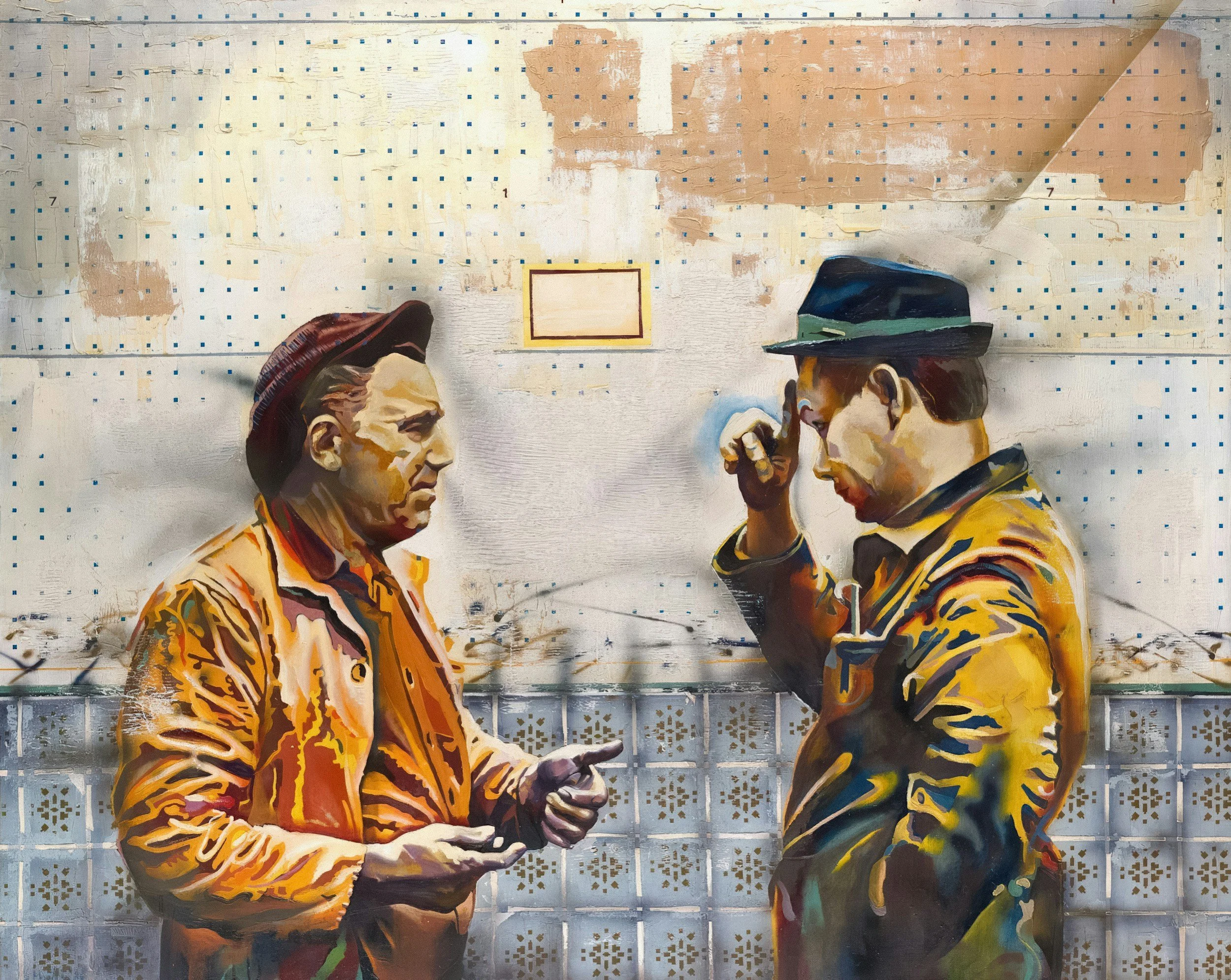 A mural of two men in conversation, with one man wearing a cap and the other gesturing with his hands, painted on a weathered wall with a dotted pattern in the background.