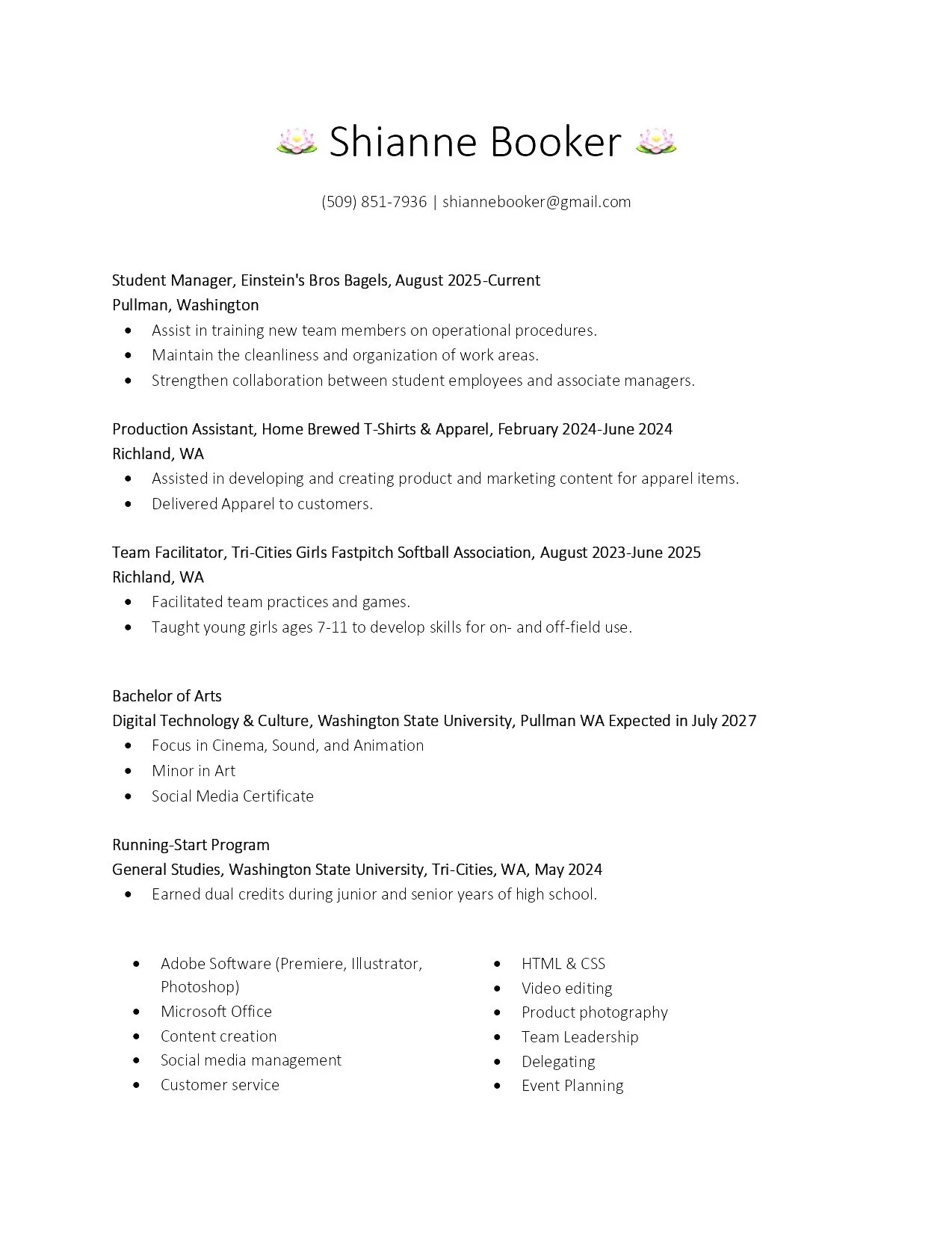 A resume with the name Shianne Booker at the top, decorated with pink lotus flower icons on either side, listing educational background, work experience, skills, and contact information.