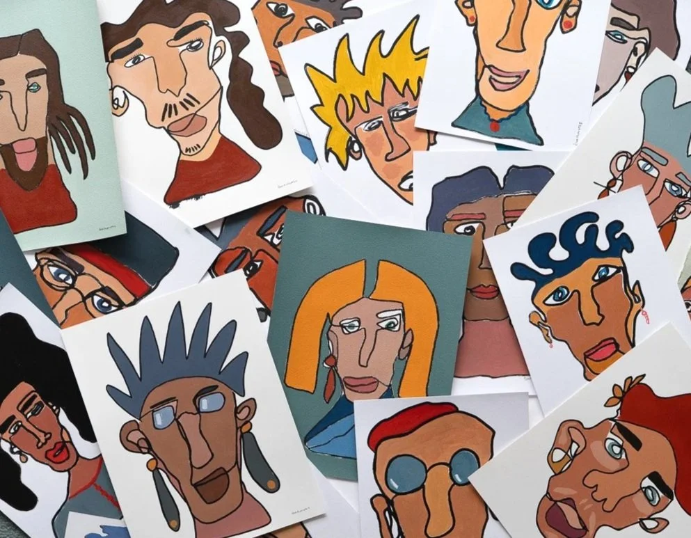 Collection of colorful, abstract portraits of various people with exaggerated facial features, diverse hairstyles, and accessories, drawn in a cartoonish style.