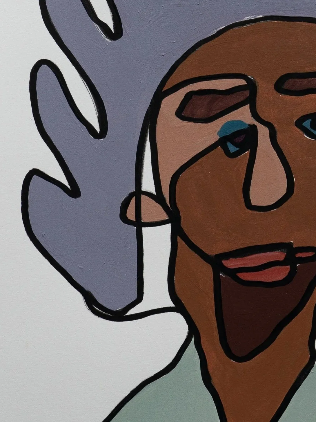 One-line portrait of an imaginary character called Ferucho. He has purple hair and blue eyes.