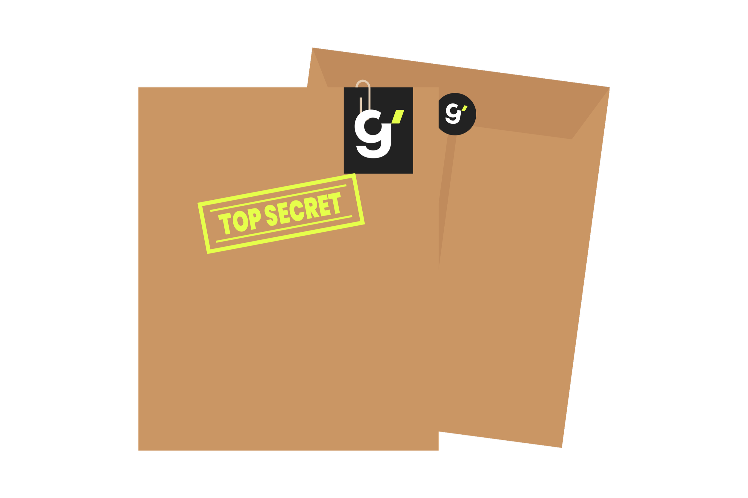 A box with a "TOP SECRET" stamp and two tags with the letter "g" for Grime Scene Services attached to it.
