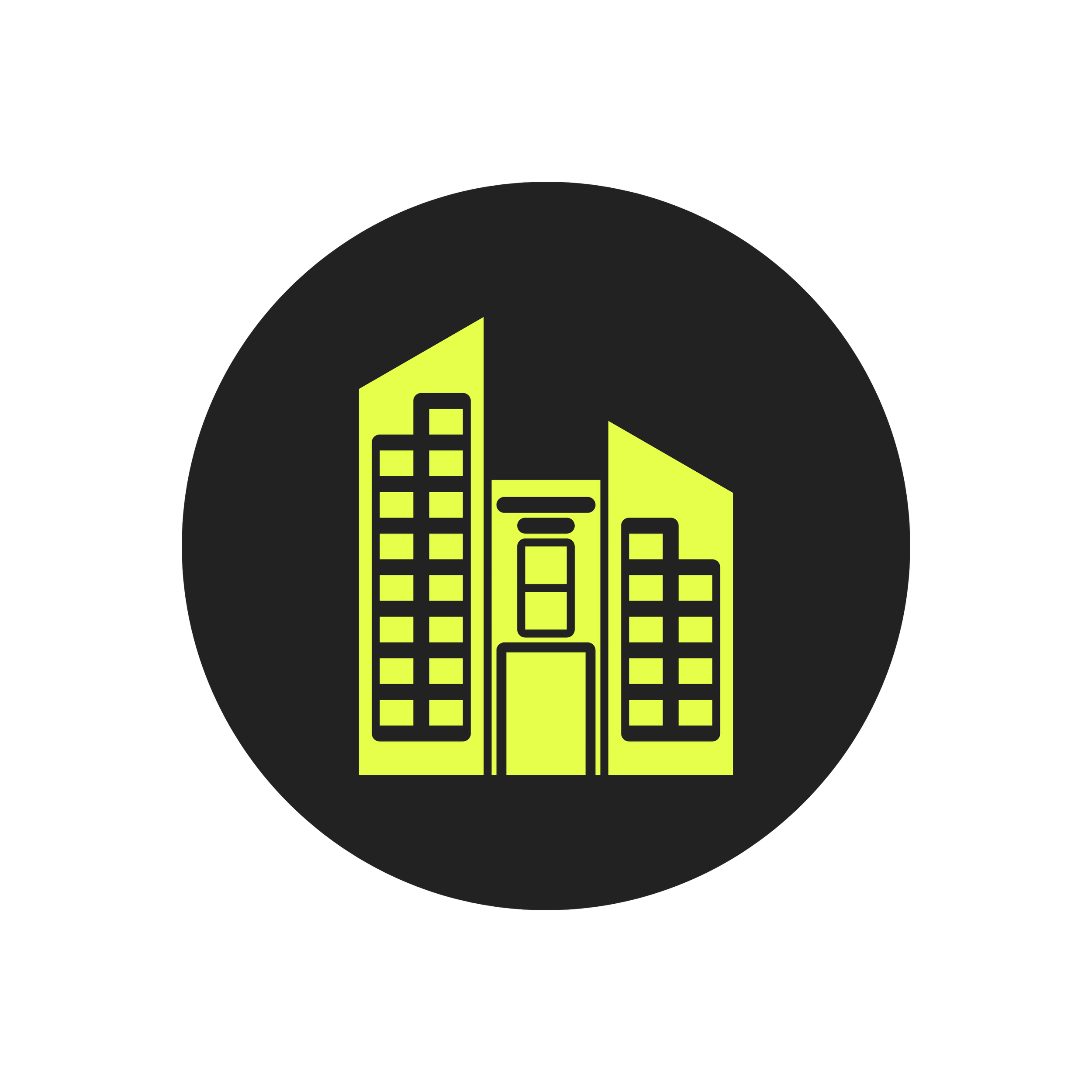 Stylized graphic of green buildings with windows on a black background with a large dark gray circle behind them.
