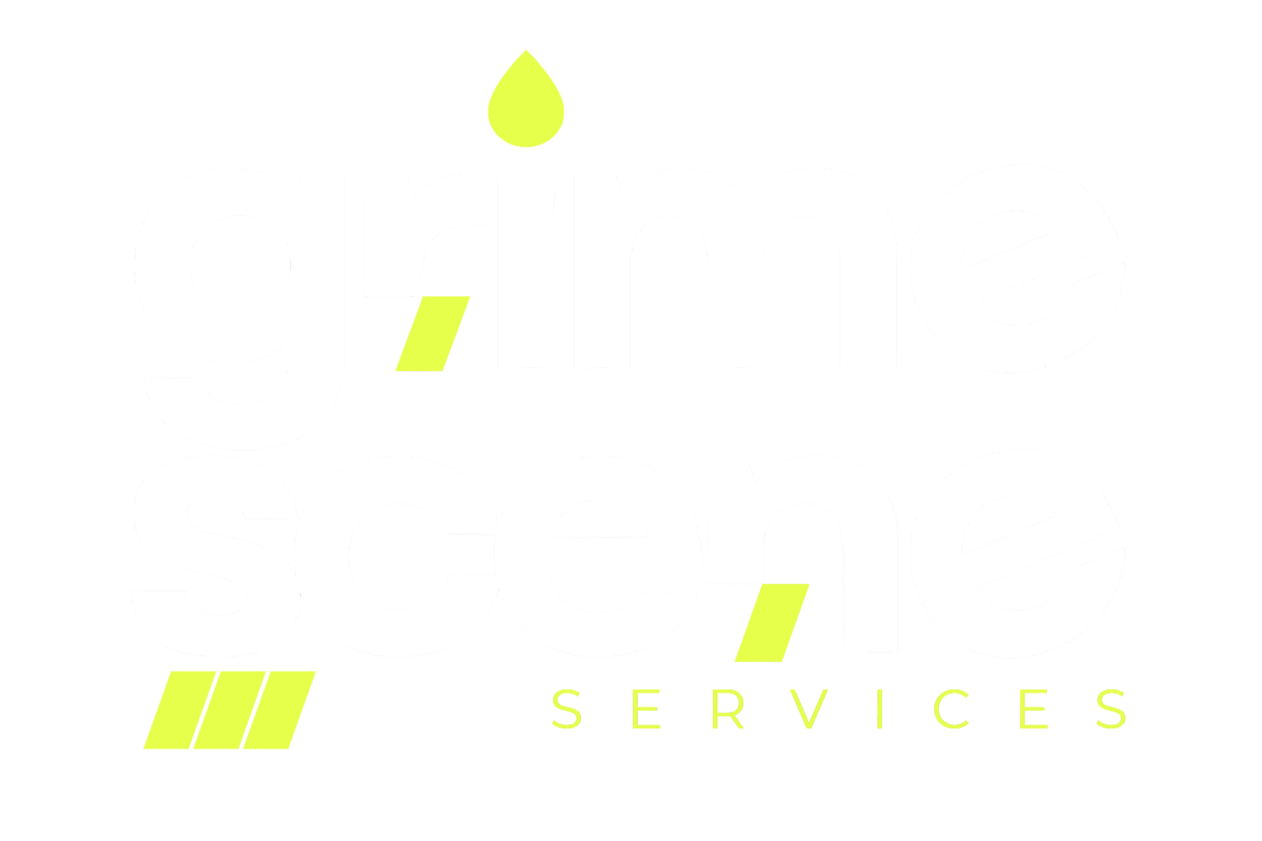Logo for a company called 'Grime Scene Services', with the tagline 'We Eliminate the Evidence' and an electric green feature colour.