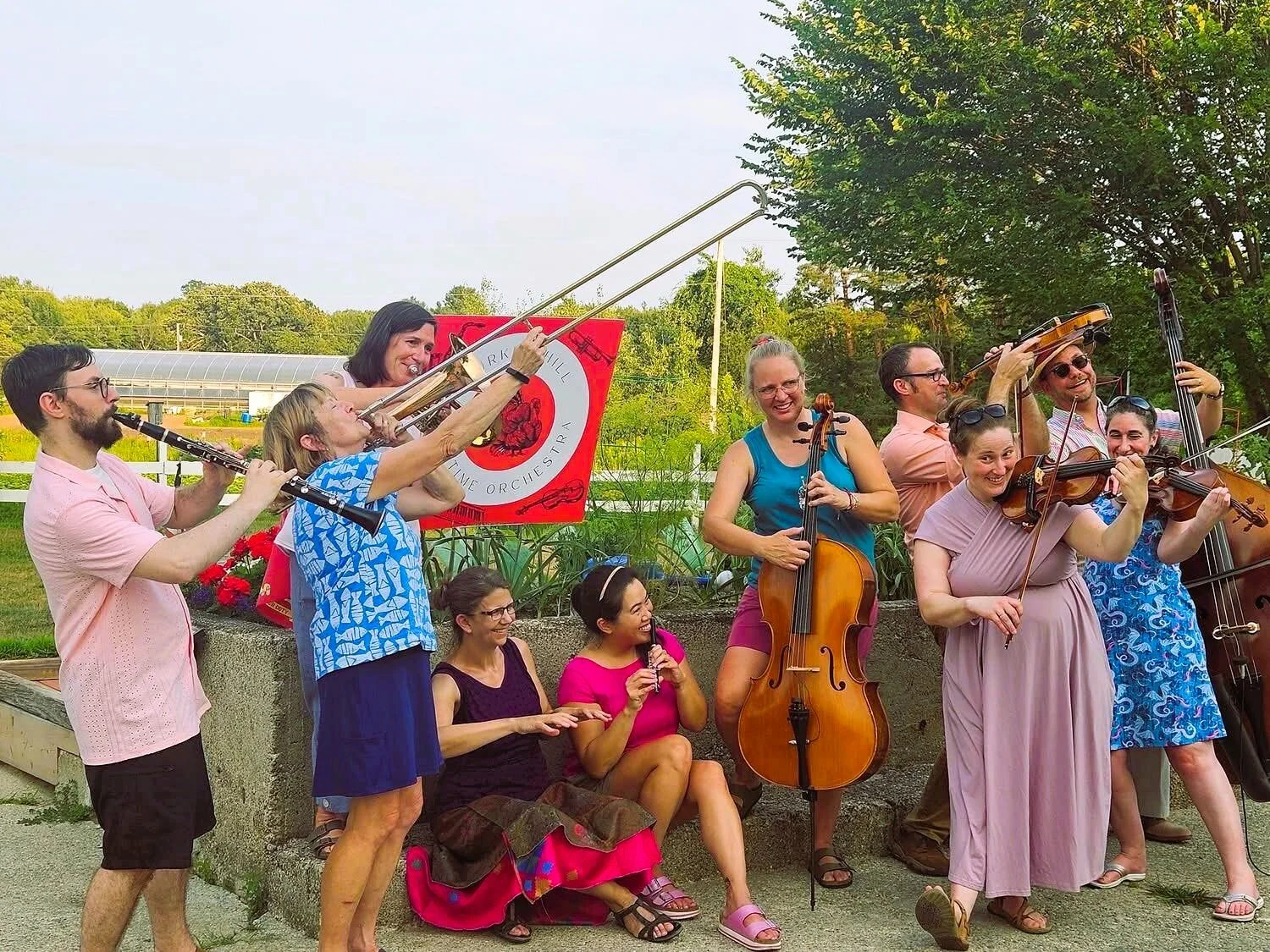 Group of musicians outdoors playing various string and wind instruments, with trees and a clear sky in the background.