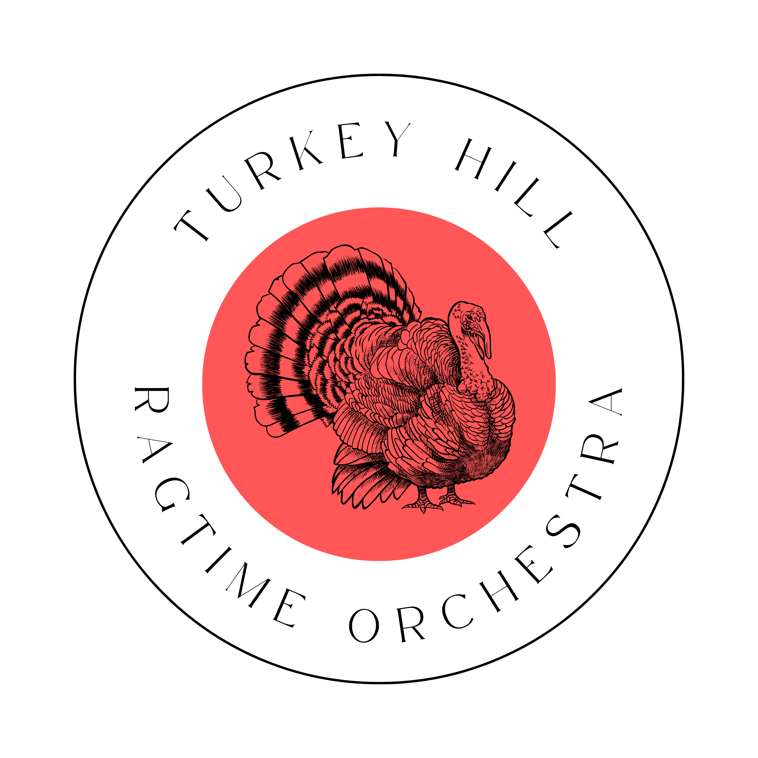 A circular design featuring the words 'TURKEY HILL' and 'RECIPE' around the edge, with a black and white illustration of a turkey in the center on a red background.
