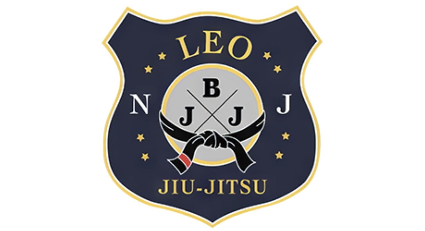 LEO Jiu Jitsu BJJ academy shield emblem with crossed swords and belt design.