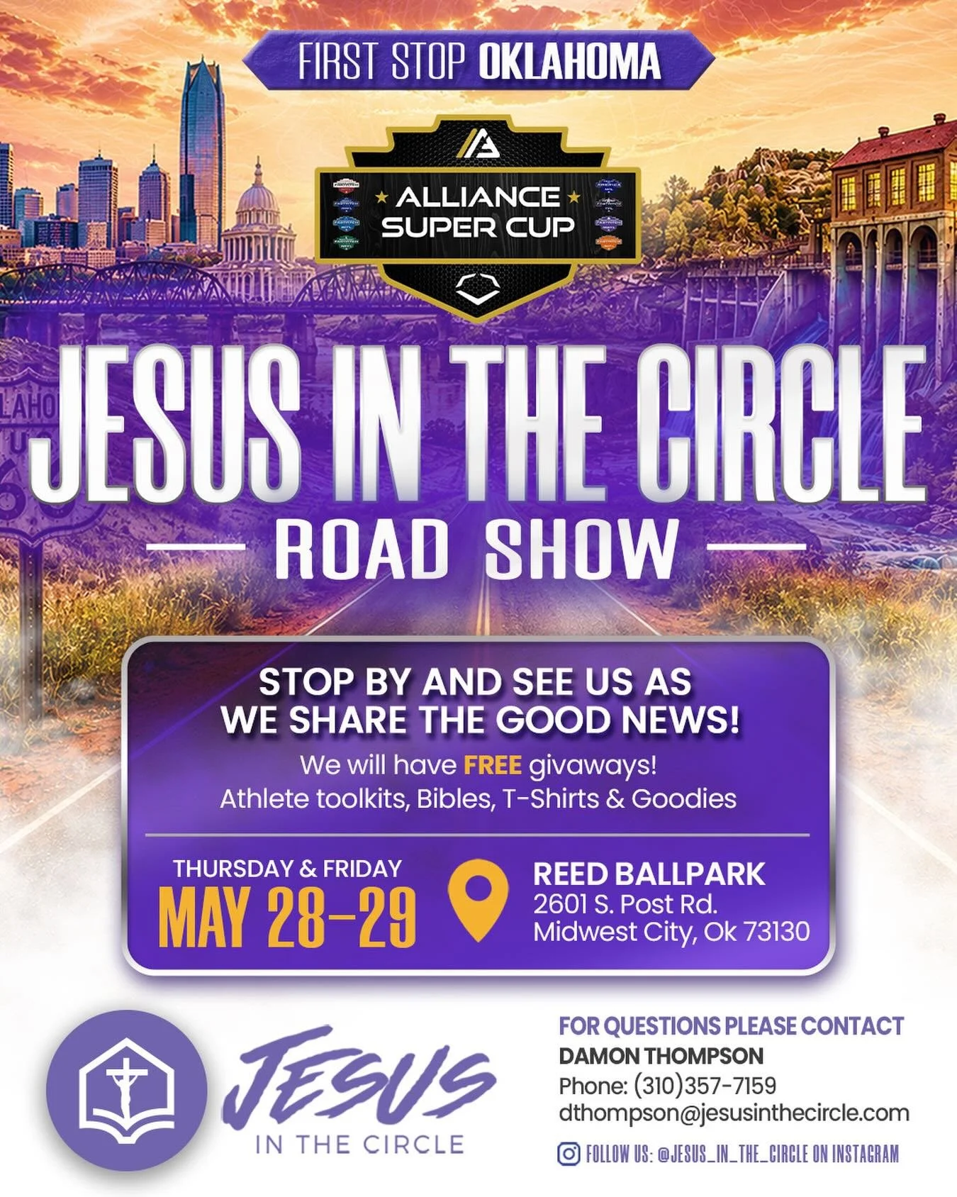 First stop Oklahoma!! We will be out sharing The Good News and giving out some free goodies!  Stop by!! Need prayer for yourself or your team??? We got you!  Need a Bible?  We got you!! See you at the fields and also at the players experience!!! Than