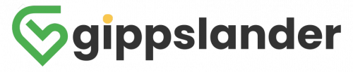 Gippslander logo with a green stylized map outline and black text.