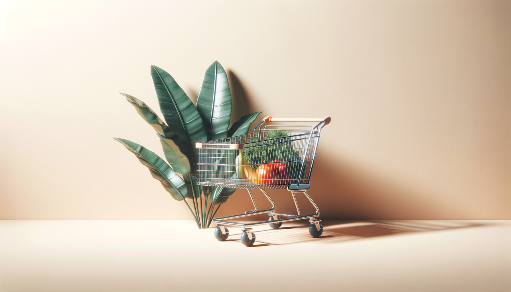 Miniature shopping cart filled with vegetables next to green plant leaves on beige background.