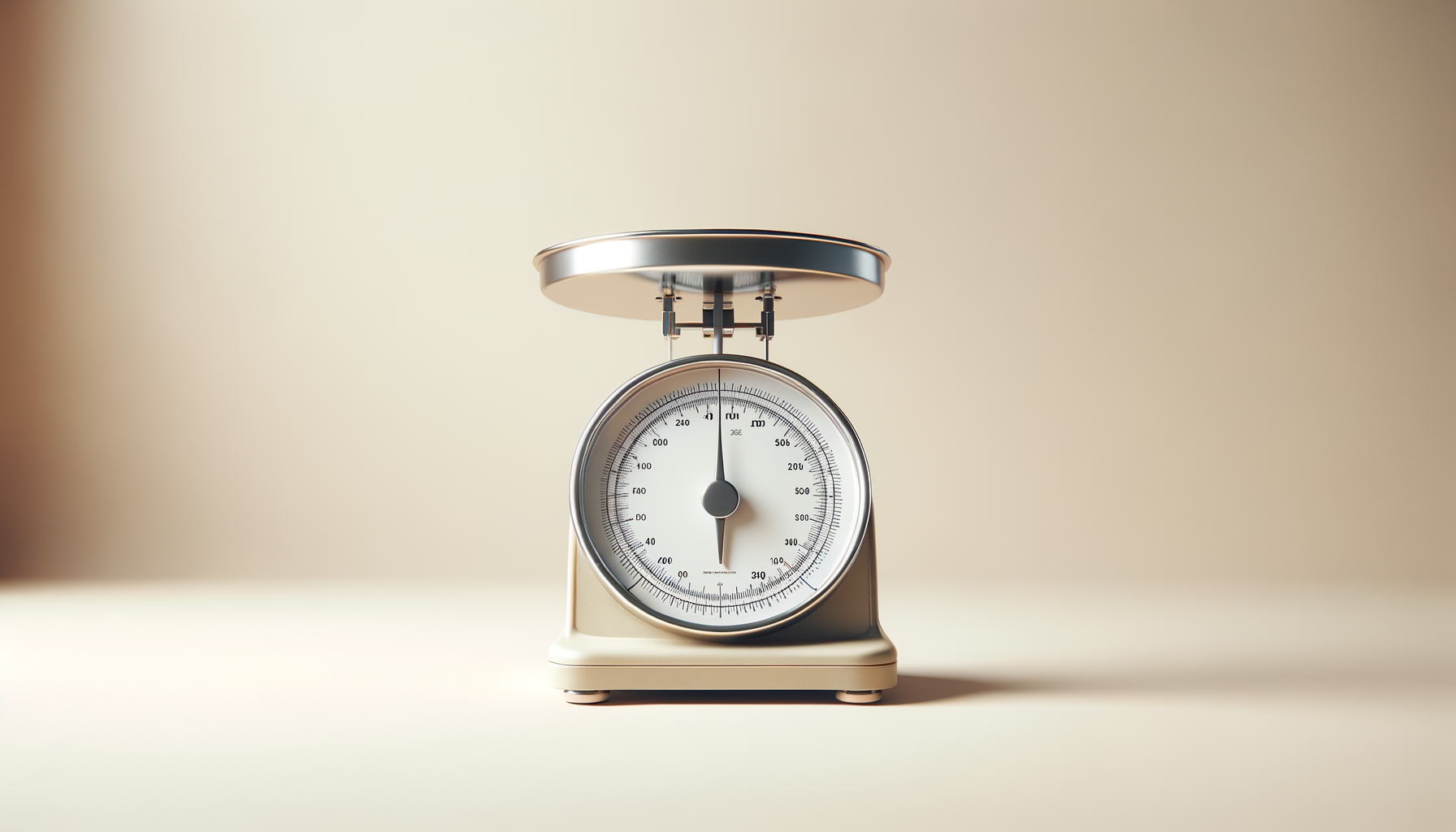 A vintage beige kitchen scale with a metal weighing platform on top, set against a plain neutral background.