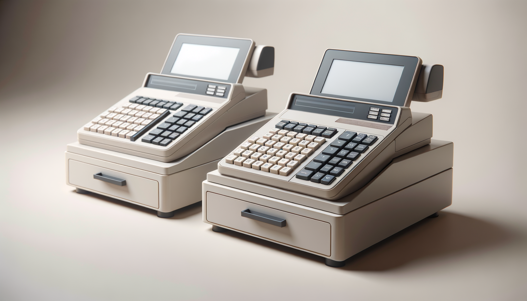 Two vintage cash registers with keyboards and small screens on top, positioned on a light-colored surface against a plain background.