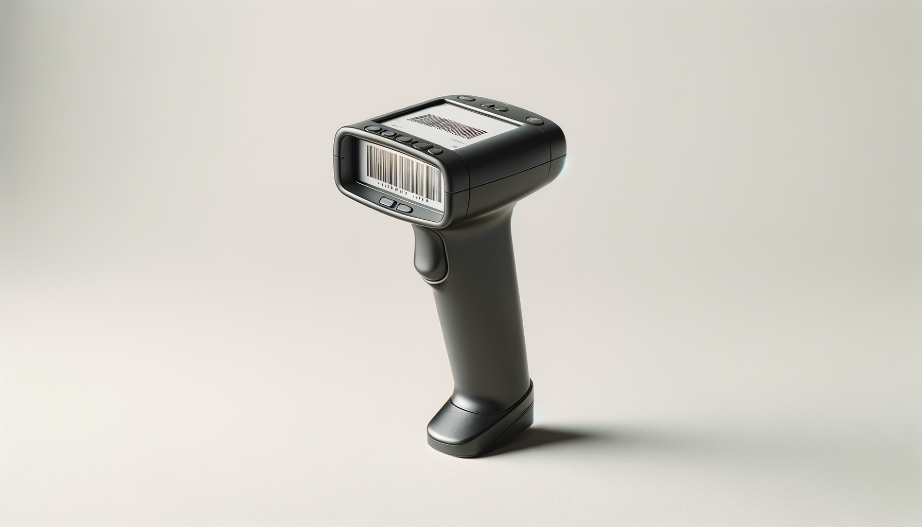 A handheld barcode scanner with a barcode displayed on its screen and a barcode label at the front.