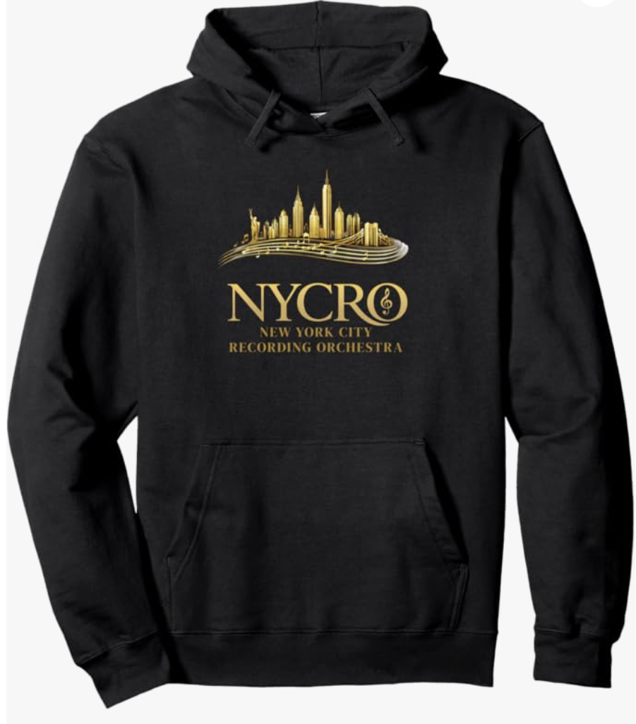Black hoodie with a gold graphic of New York City skyline, Brooklyn Bridge, and the text "NYCRO New York City Recording Orchestra."