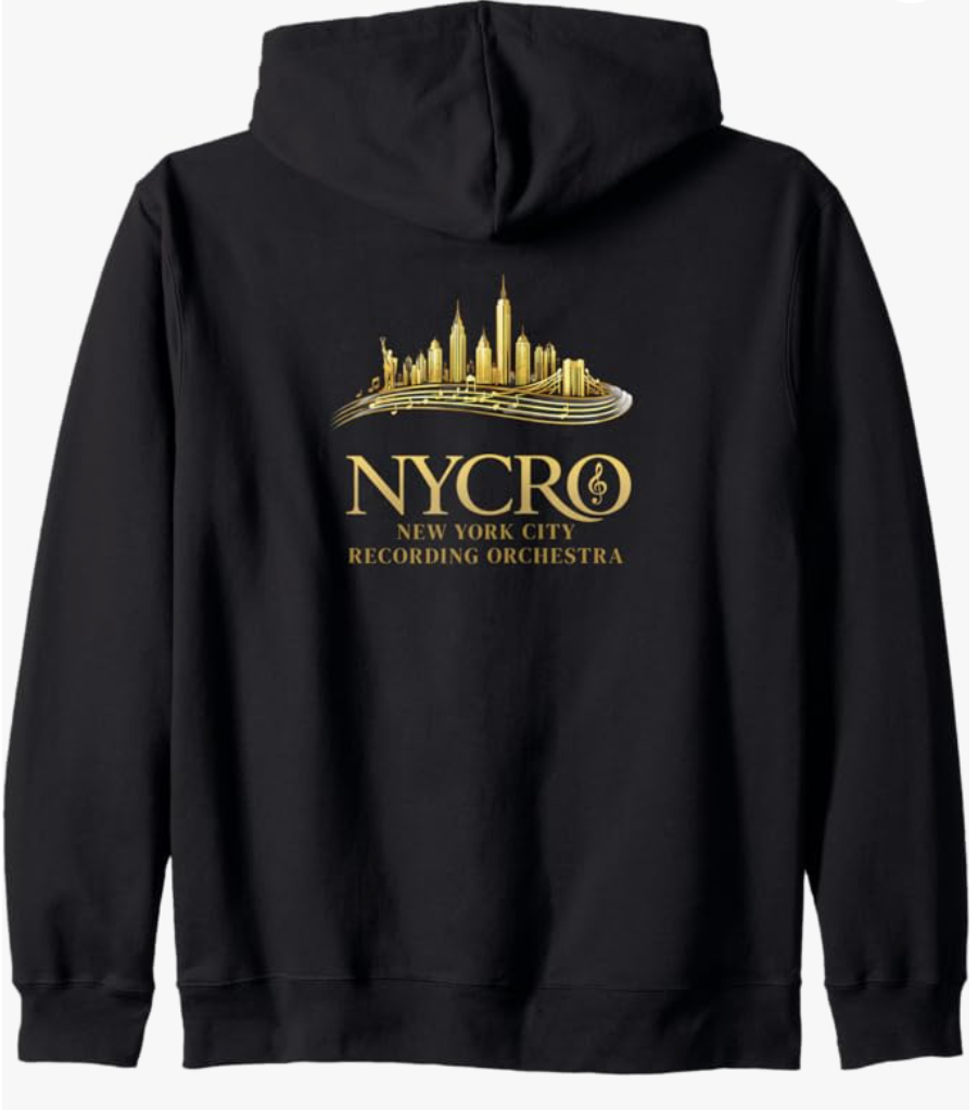 Black hoodie with a gold graphic of New York City skyline and text that reads "NYCRO New York City Recording Orchestra".
