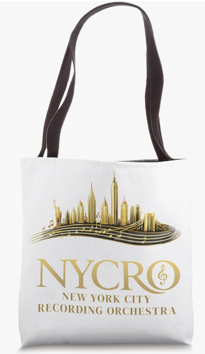 White tote bag with gold city skyline of New York City and musical notes, featuring the text 'NYCRO New York City Recording Orchestra'.