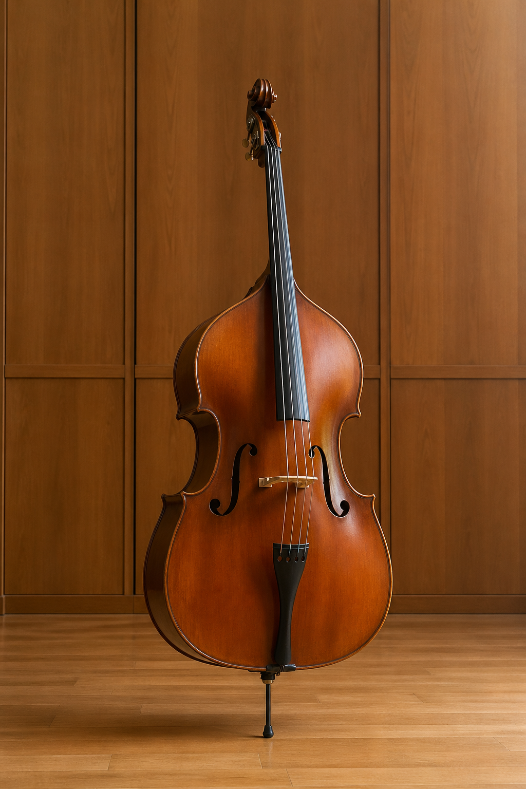 A wooden double bass standing upright against a wooden panel wall in a room with wooden flooring.