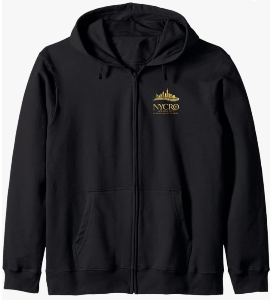 Black zip-up hoodie with NYCRO logo and skyline in gold on the chest.