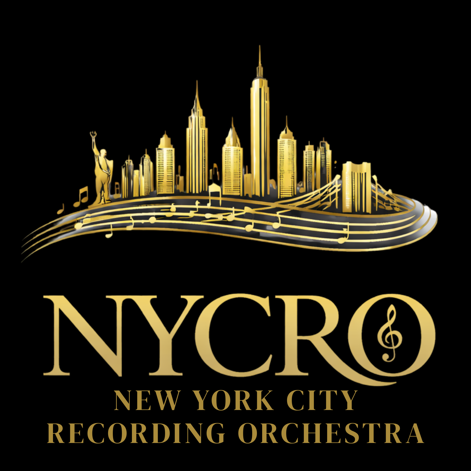 Gold city skyline with musical notes and a statue of liberty figure, representing New York City, for the New York City Recording Orchestra.