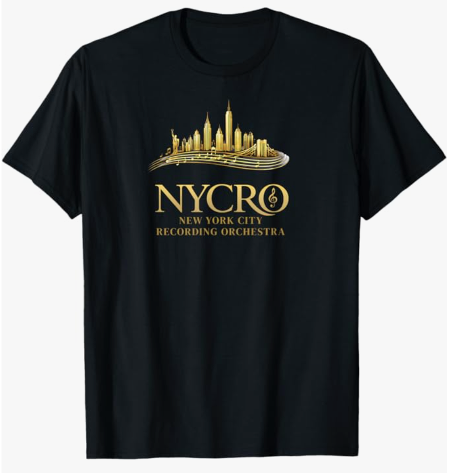 Black T-shirt with gold graphic of New York City skyline and the text "NYCRO New York City Recording Orchestra"