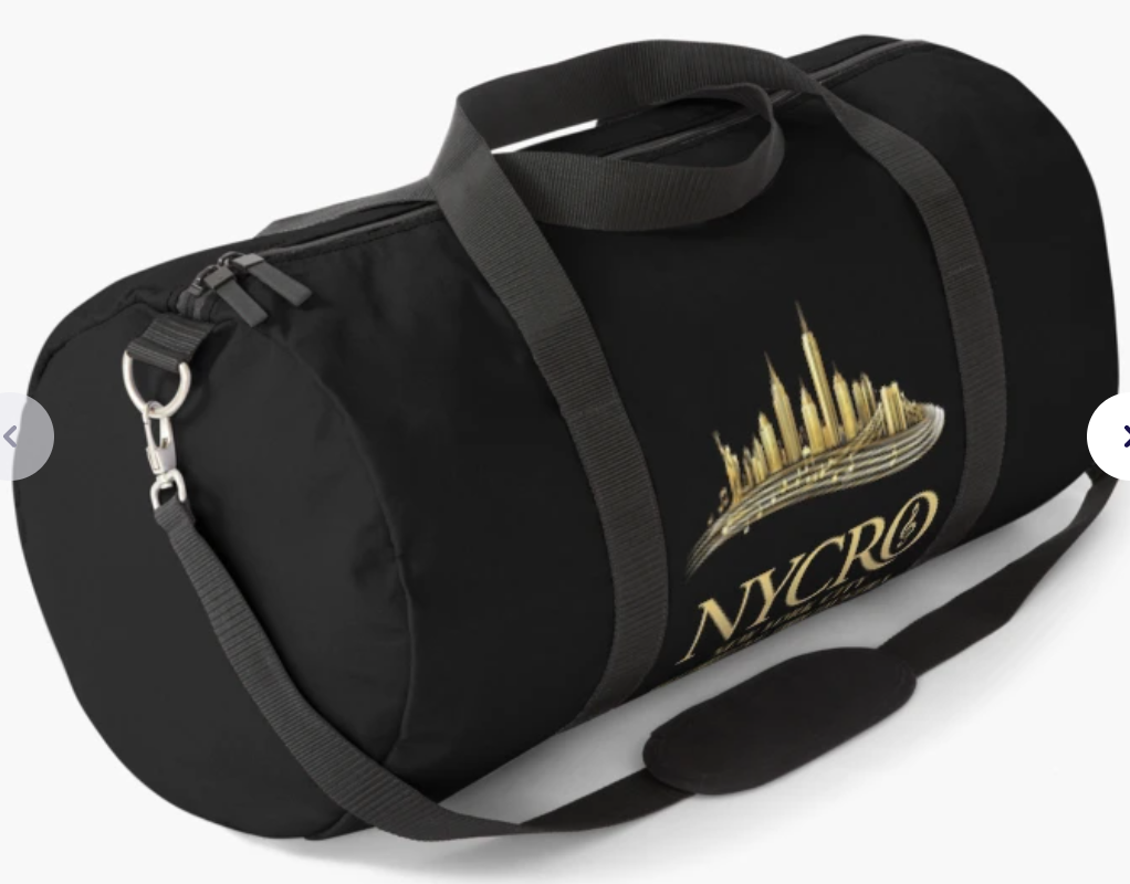 Black duffel bag with NYC skyline logo in gold