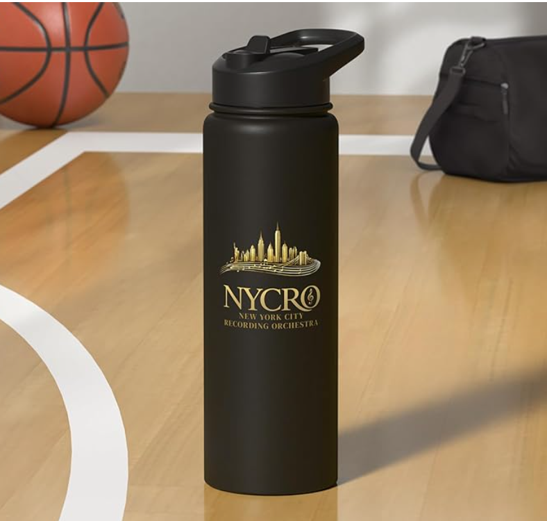 A black insulated water bottle with a gold NYCR logo and a city skyline, placed on a wooden basketball court next to a basketball and a black gym bag.
