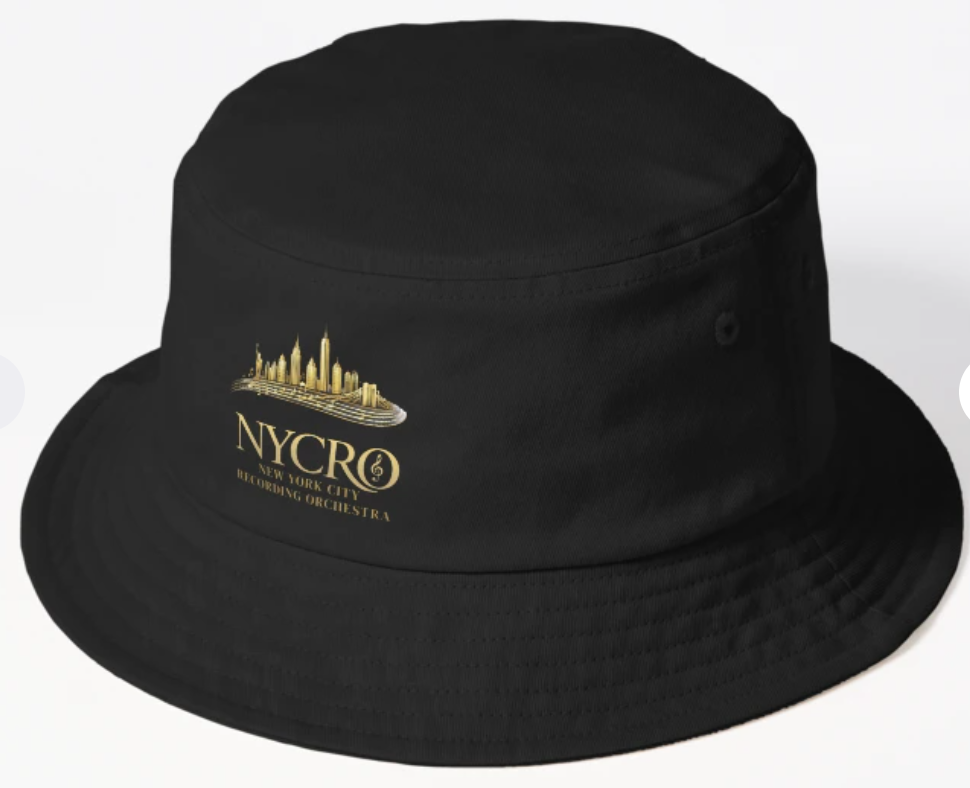 Black bucket hat with a gold NYC skyline logo and text that reads 'NYC® New York City Hip Hop Orchestra'.
