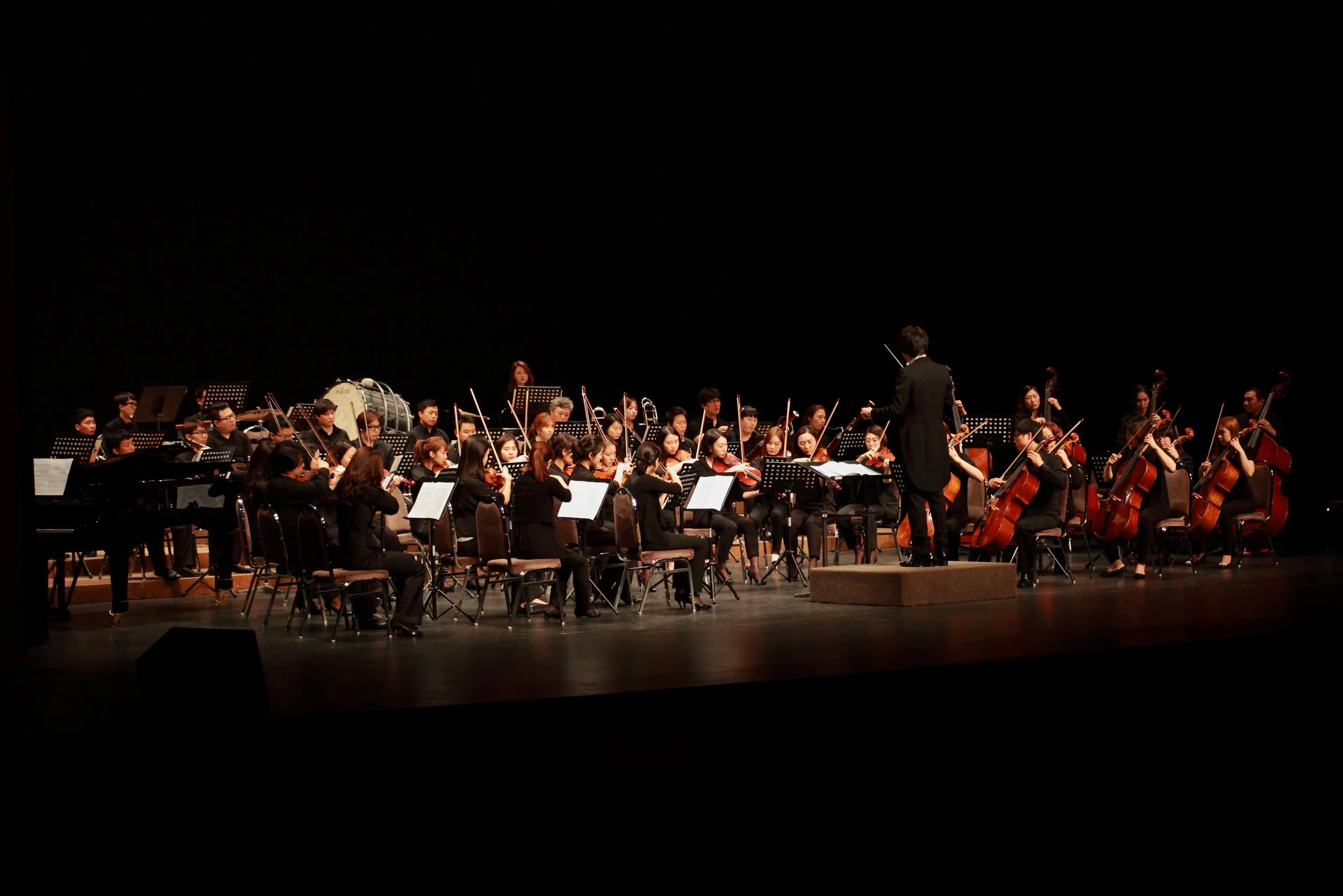 An orchestra performing on stage with musicians playing various instruments, conducted by a person in a black suit, against a dark background.