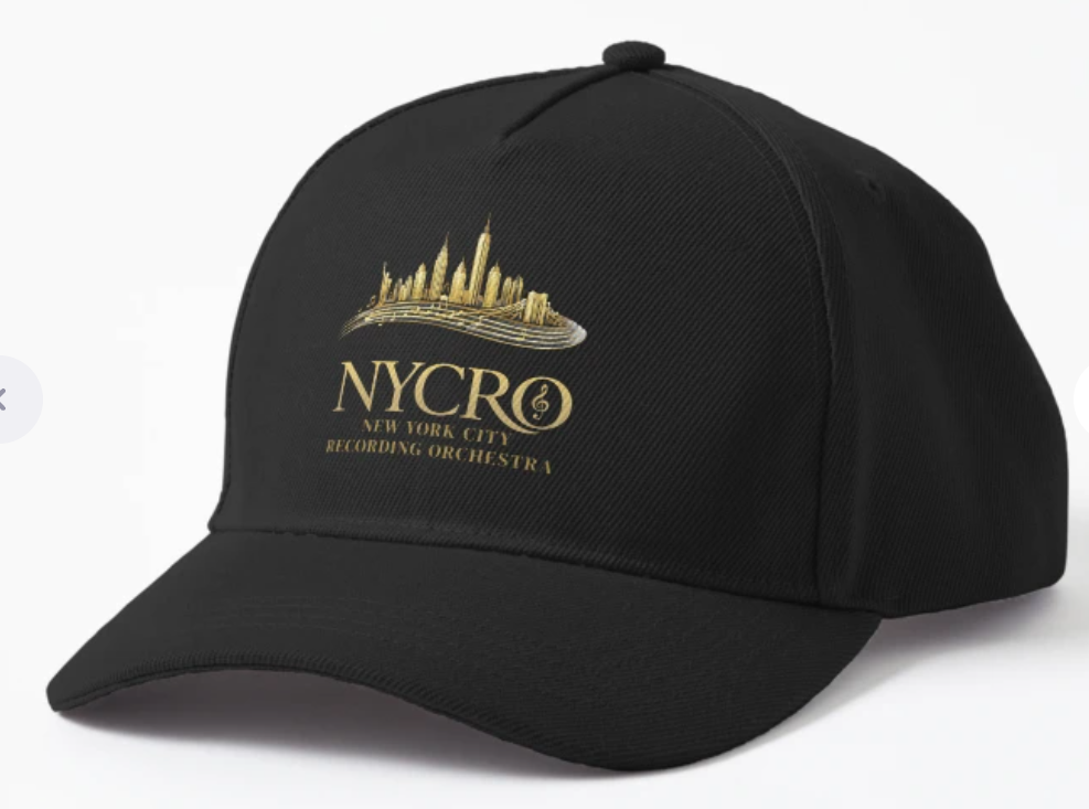 Black baseball cap with gold NYC skyline and NYCOR logo, representing New York City Recording Orchestra.