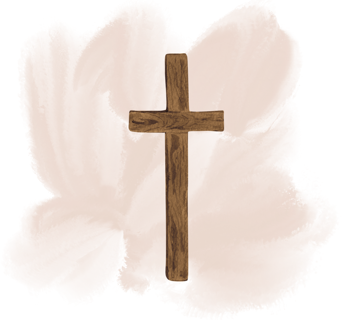 A wooden cross standing against a soft, abstract background.