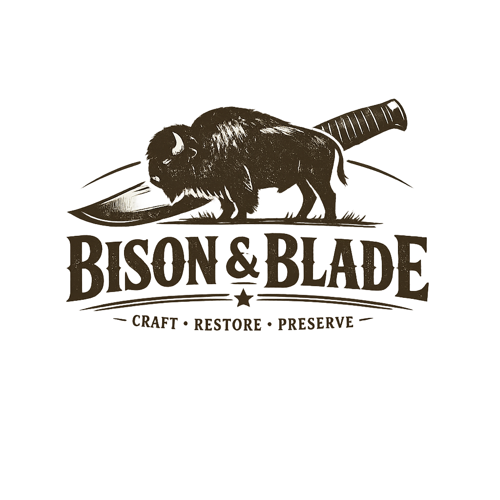Logo for Bison & Blade featuring a buffalo with a knife in front of it, and the words 'Craft, Restore, Preserve'.