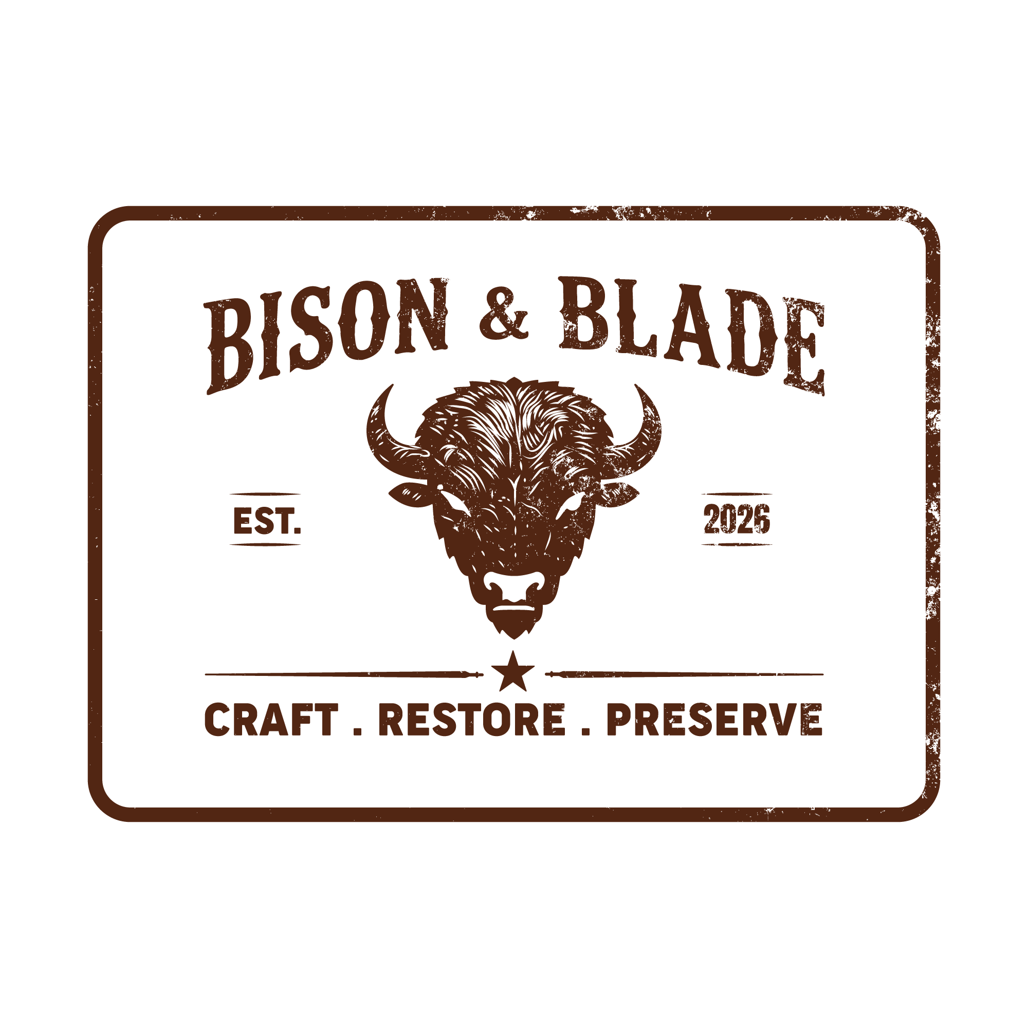 Logo for Bison & Blade, a craft preserve established in 2026, featuring a bison skull illustration and the tagline 'Craft. Restore. Preserve.'