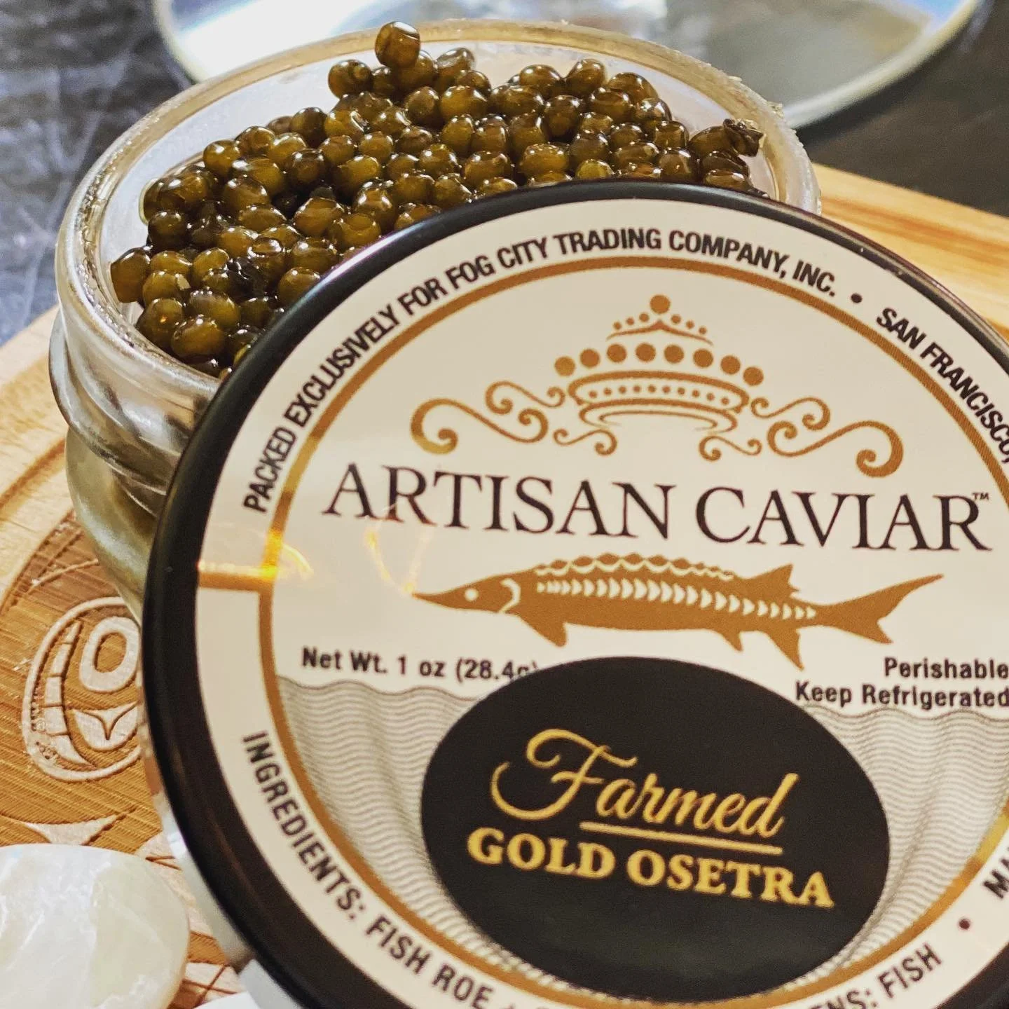 Artisan Caviar produced for Fog City Trading Co.  @santamonicaseafood Golden Osetra , Buttery flavor, Absent of briny or saltines, 
medium-soft texture with medium  size  eggs, color is golden - olive .  We really enjoyed this producer! #caviar #luxu