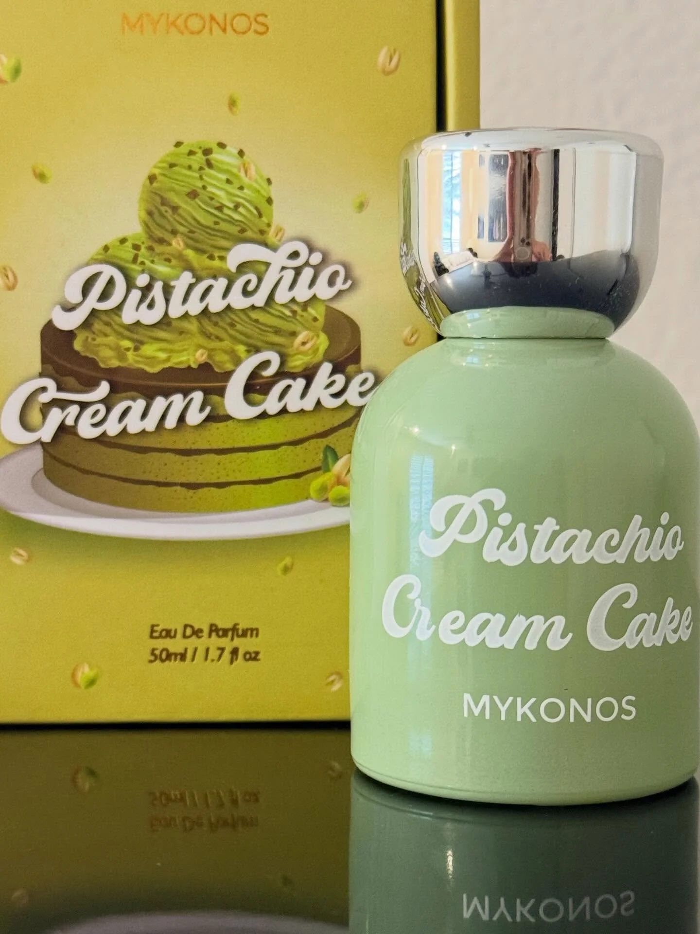 @officialmykonos 
MYKONOS
Pistachio Cream Cake
Eau de Parfum
Gourmand
Top Notes:
Roasted Pistachio

Heart Notes:
Pistachio Cream, Whipped Mousse

Base Notes:
Woody Undertones
