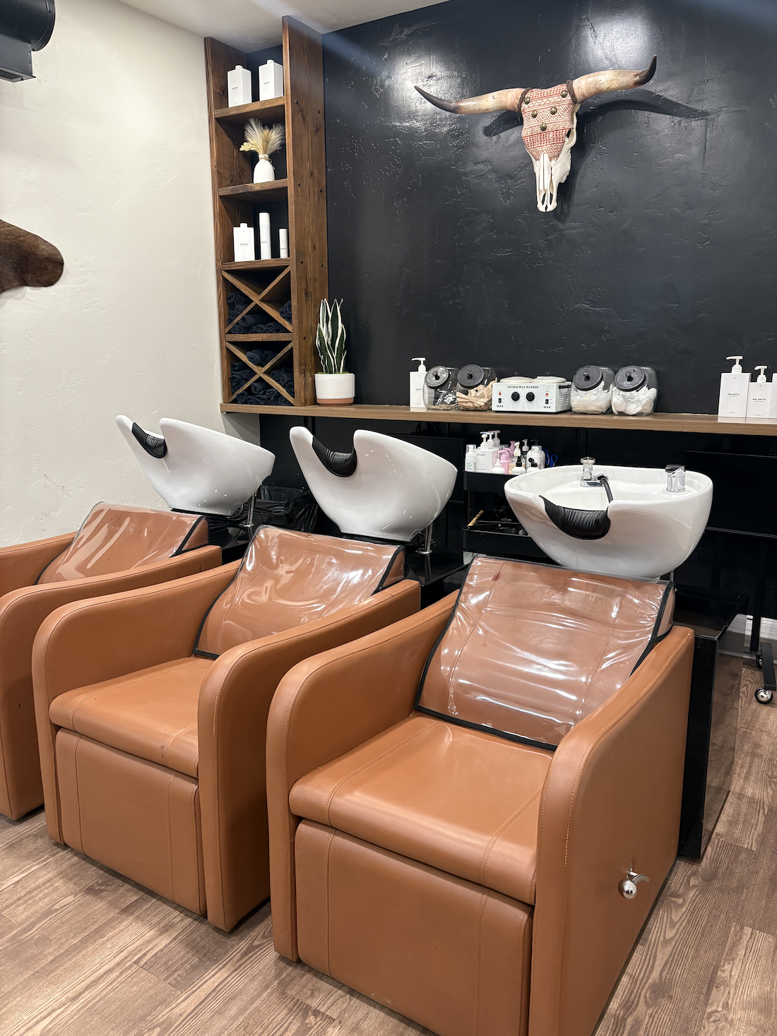 Salon with three brown leather chairs, white shampoo bowls, and a black wall with decorative skull-mounted bull horns. Shelves with bottles, plants, and hair care products are visible.