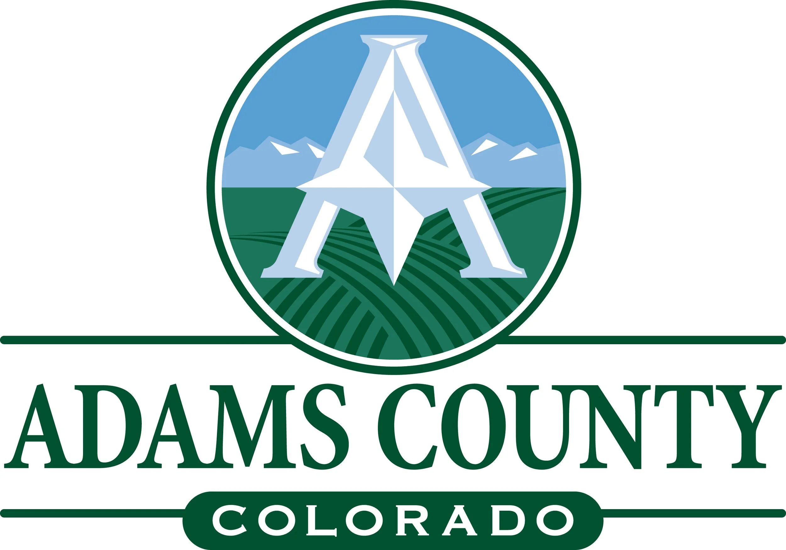 Adams County, Colorado official logo featuring a mountain, a star, and Agricultural fields.