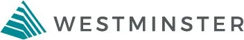 Westminster logo with stylized blue and teal lines