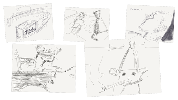 さまざまな鉛筆スケッチの描かれた紙が黒い背景に配置されている。