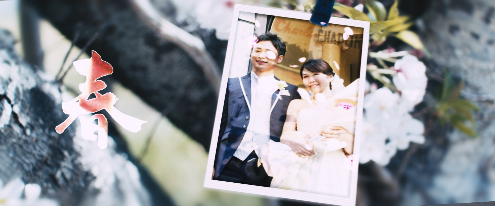 結婚式の夫婦の写真がプリントされた写真カード。背景は花や木の枝。