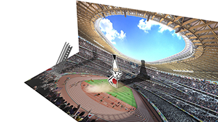 屋内陸上競技場の視点から見たスタジアムの全景と競技場。大きな観客席と空の見える天井の開口部が見える。