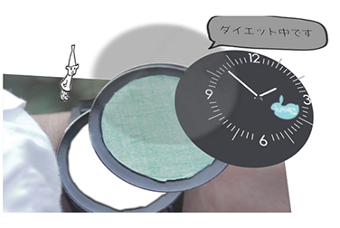 洗濯機の中の洗濯物と、時計型の洗濯タイム表示。