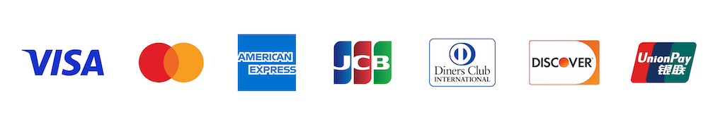 クレジットカードブランドのロゴ：VISA, Mastercard, American Express, JCB, Diners Club, Discover, UnionPay