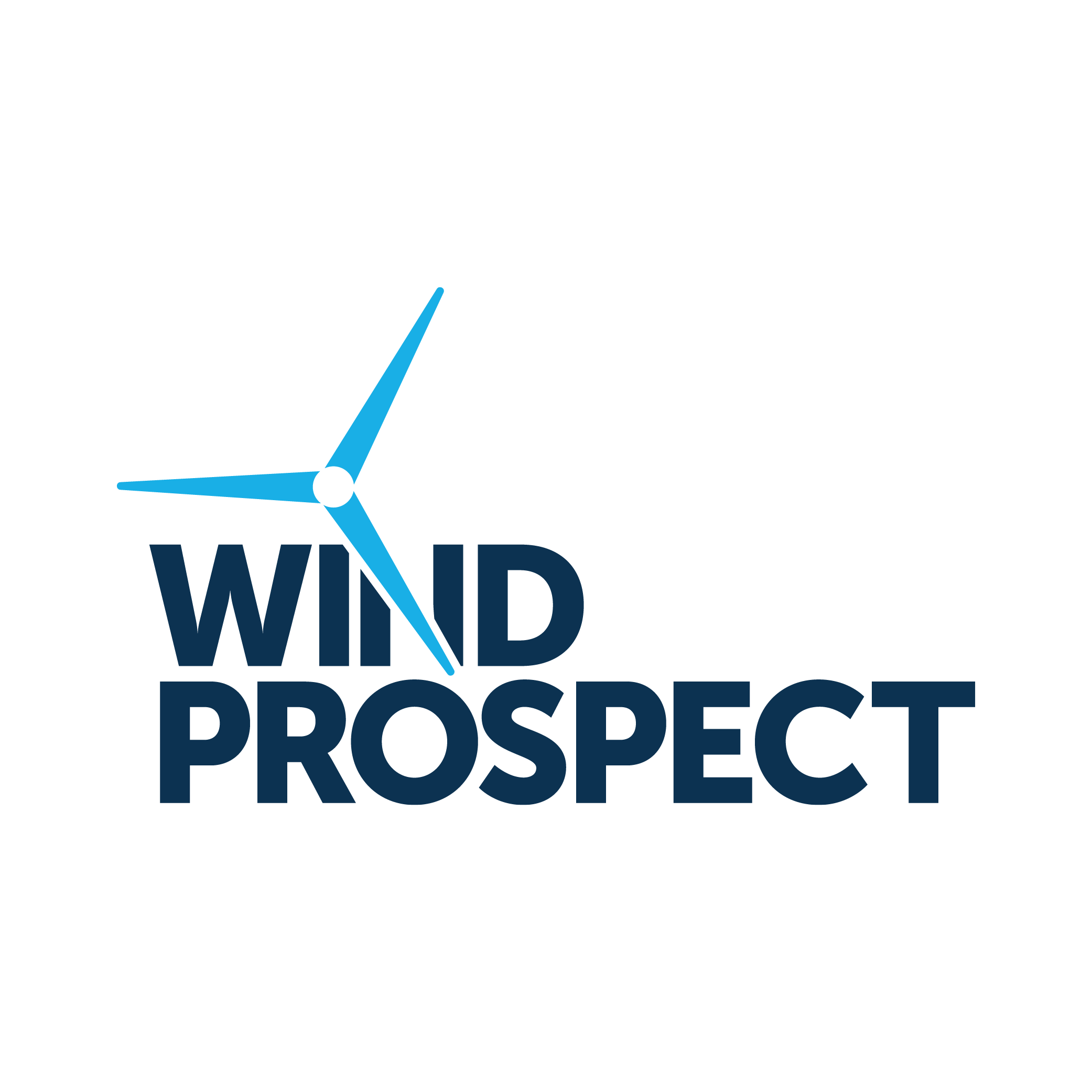 Black background with a blue wind turbine graphic and the words "Wind Prospect" in navy blue, stylized text.