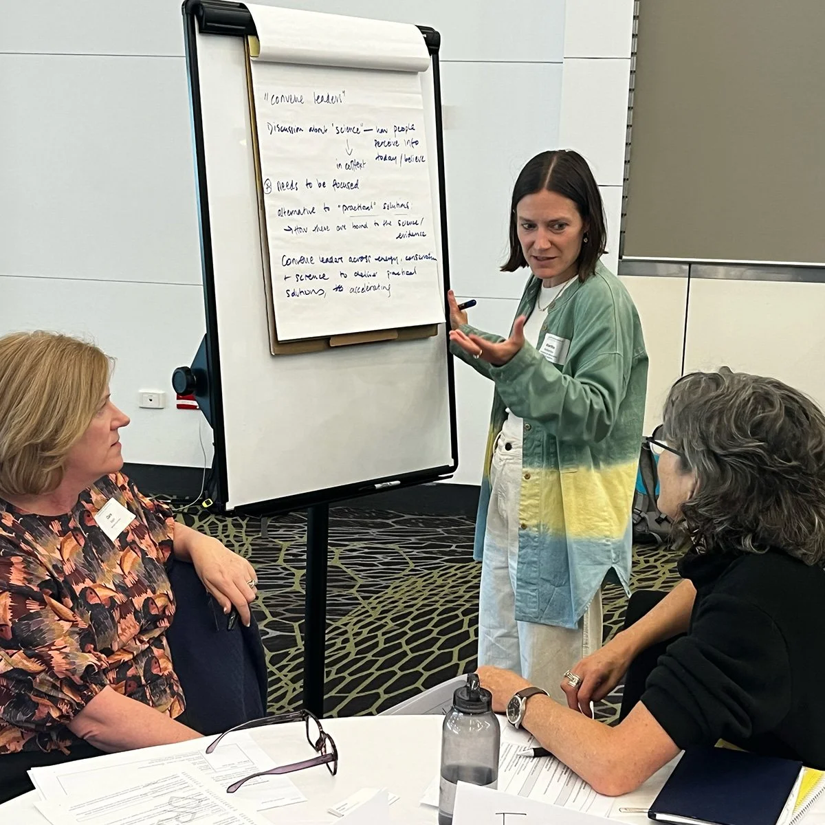 Martine Holberton leads a small group discussion. She is standing next to a flip chart capturing ideas from a small group discussion.