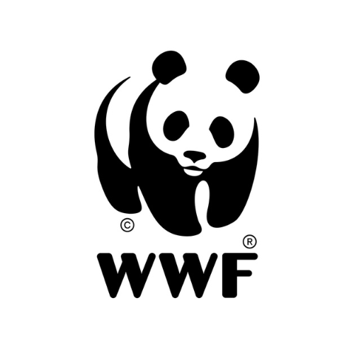 WWF logo featuring a stylised black and white panda in a minimalistic design above bold black "WWF" letters. The tone is clean and conservation-focused.