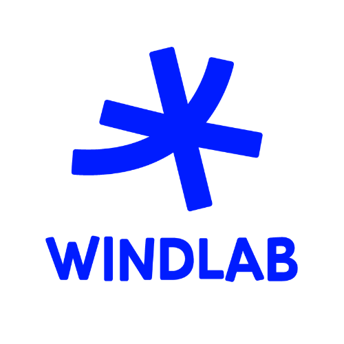 Windlab logo: Blue abstract symbol resembling a windmill above the word "WINDLAB" in bold, blue letters. The design conveys innovation and energy efficiency.
